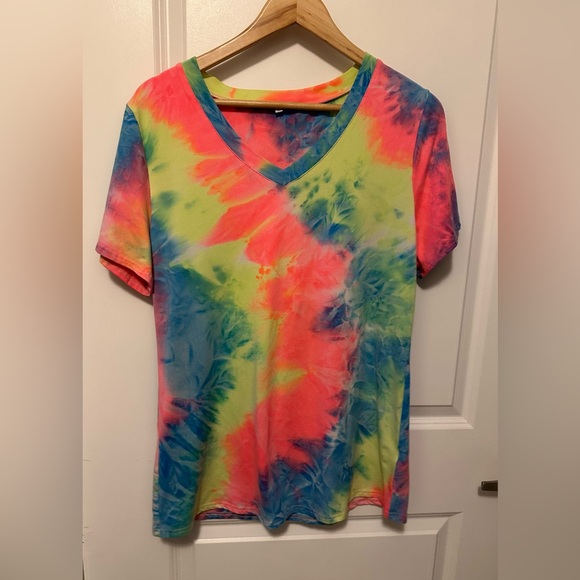 None Tops - Unisex large super soft tie dye rainbow neon vneck tshirt.
